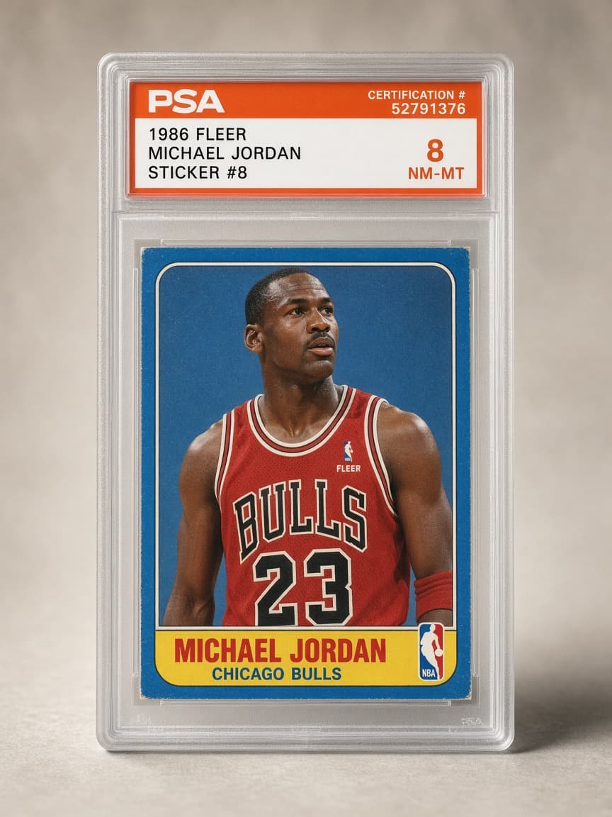 1986 Fleer Michael Jordan Sticker #8 — PSA 8